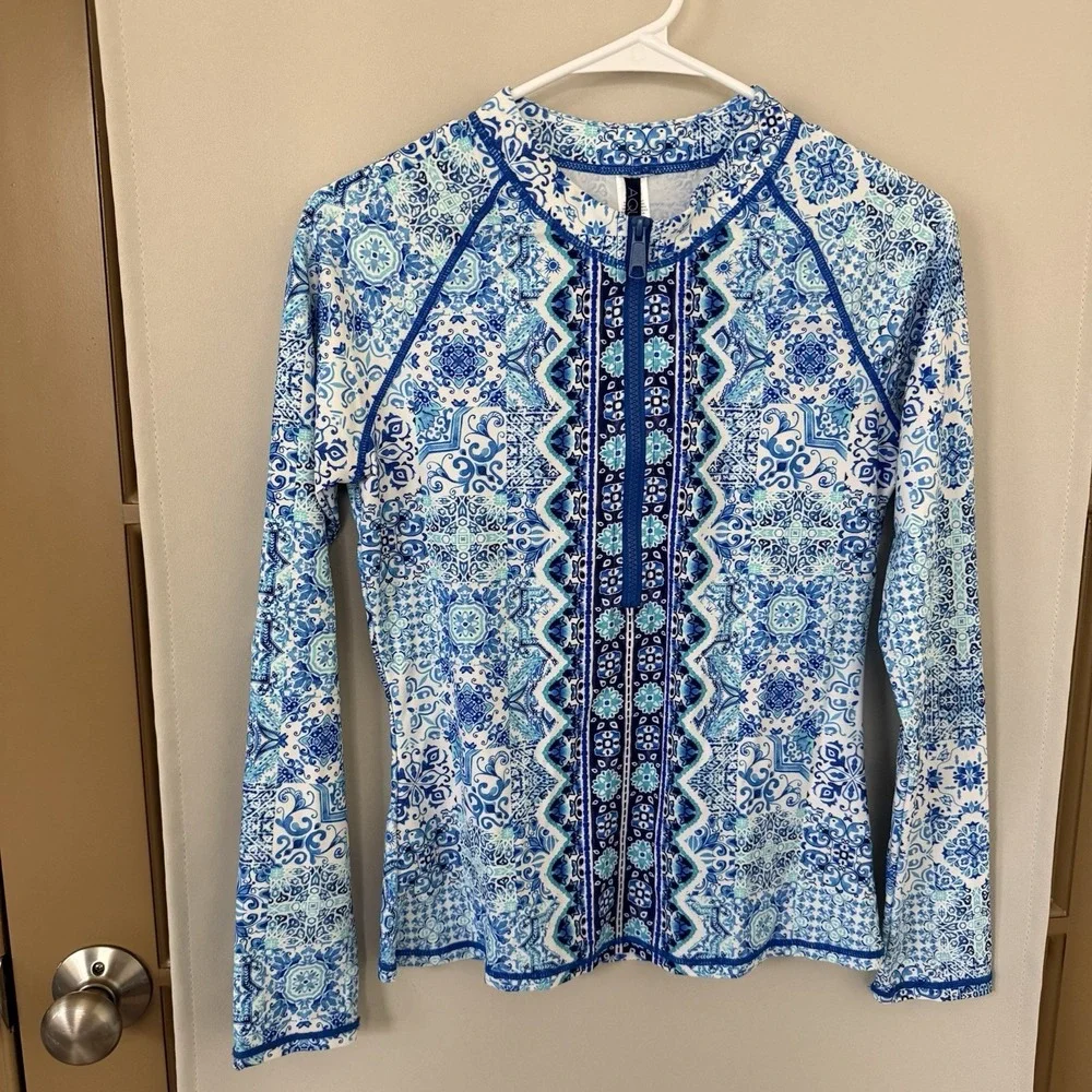 Aqua Et Sol Womens Small Blue White Medallion 1/2 Zip Long Sleeve‎ Rash Guard